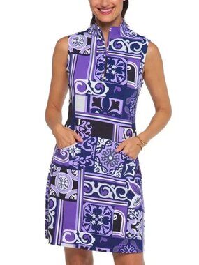 IBKUL Jacklin Sleeveless Mock Neck Dress Purple/Lavender L Golf Zip UPF 50+